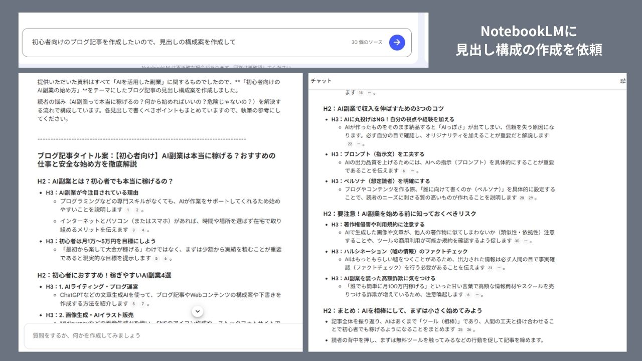 NotebookLMに見出し構成の作成を依頼
