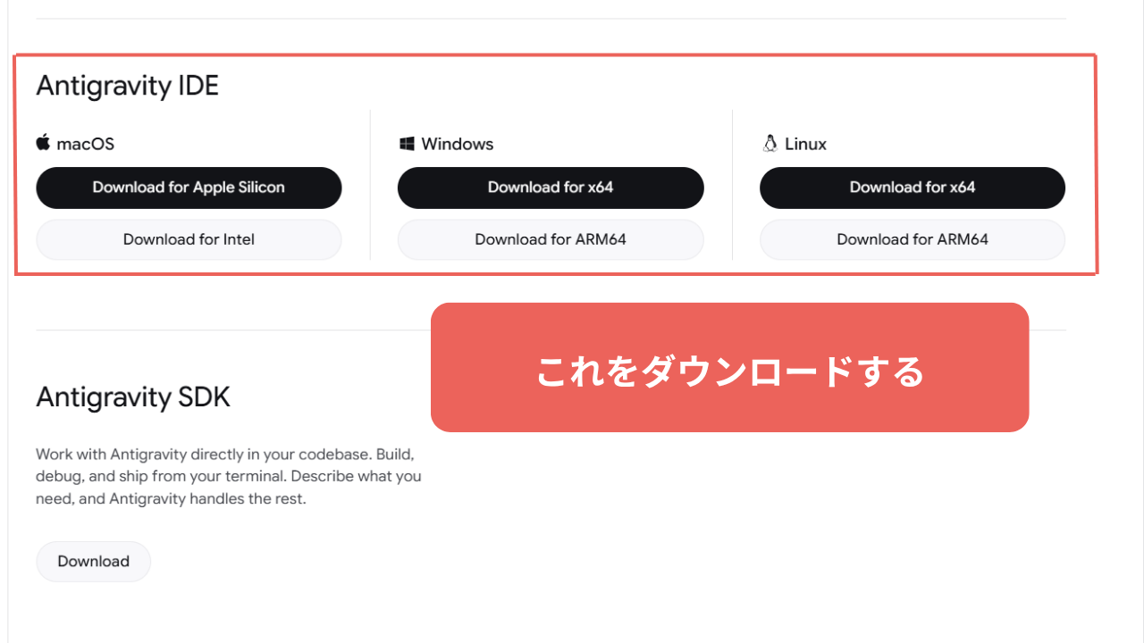 Antigravity IDEのダウンロード画面